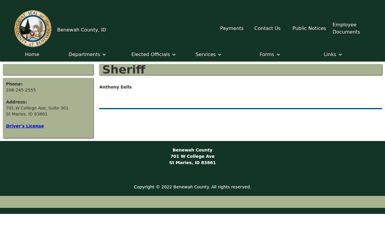 Official Benewah County Sheriff contact page