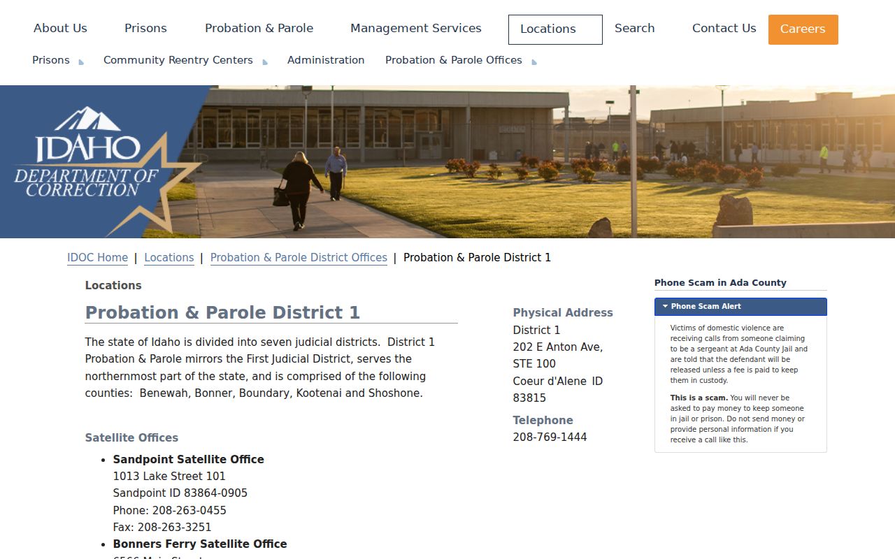Idaho Department of Correction District 1 probation and parole office page
