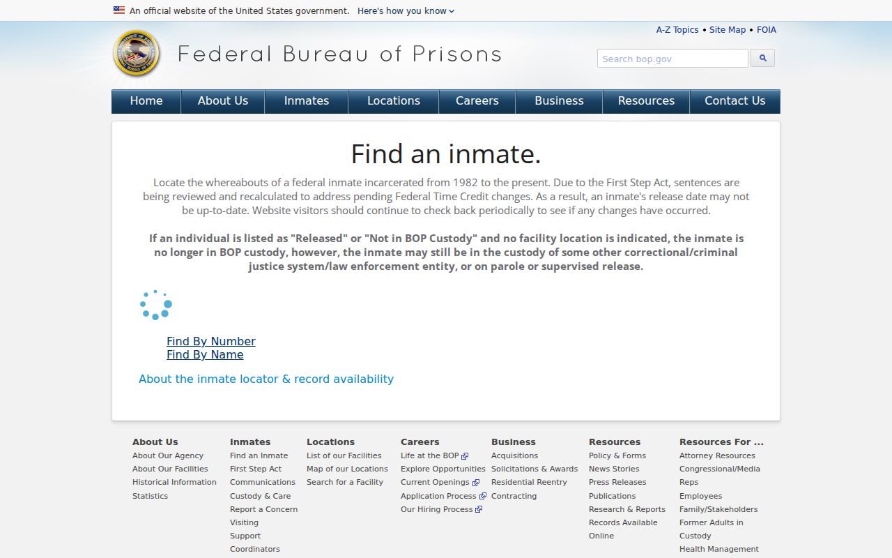 Federal Bureau of Prisons inmate locator search page