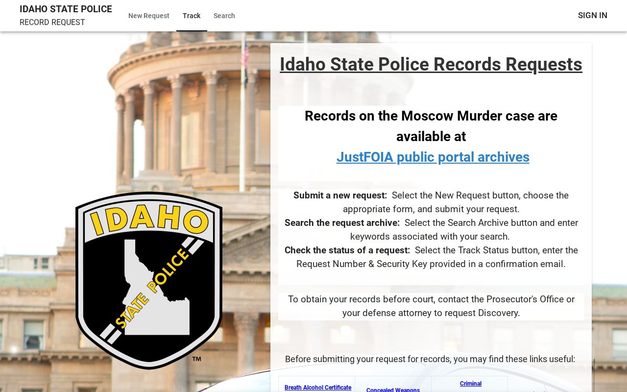 Idaho State Police JustFOIA public records portal