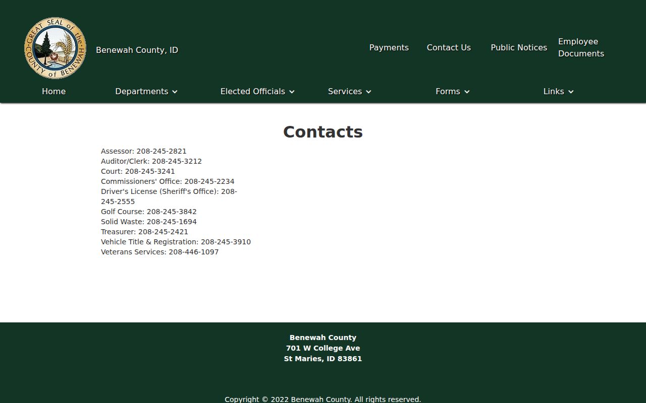 Benewah County department contact directory