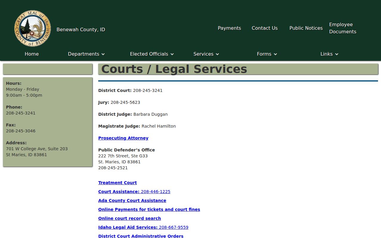 Benewah County court office page with court contact information