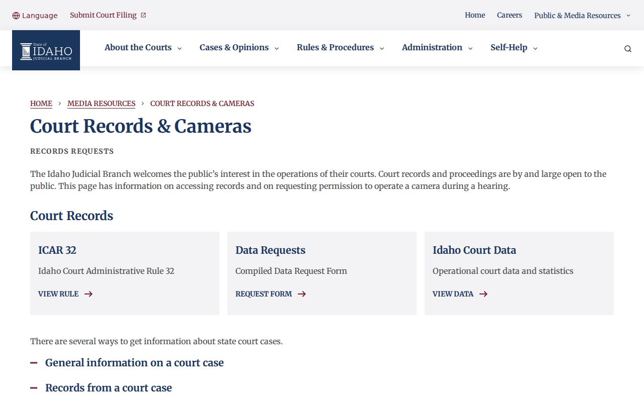 Idaho Courts page describing court record access channels
