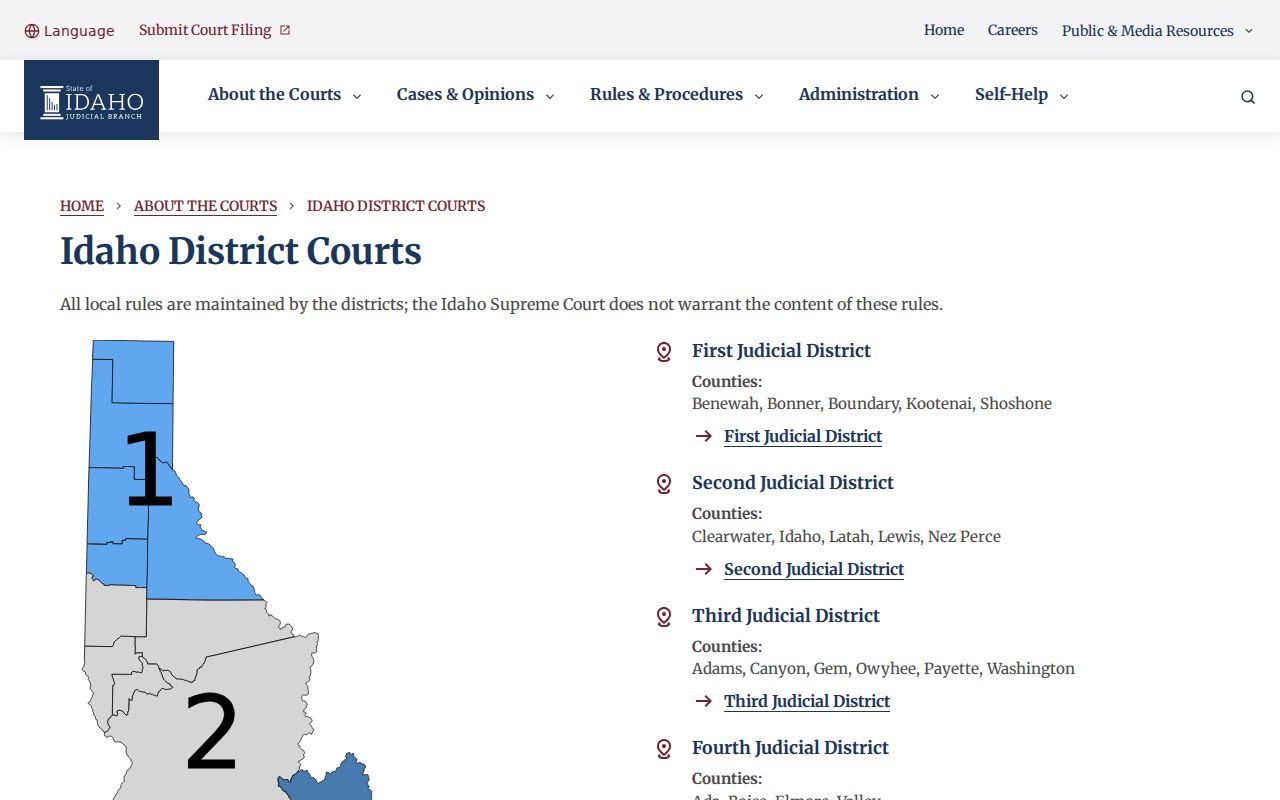 Idaho Courts page explaining District and Magistrate Court structure