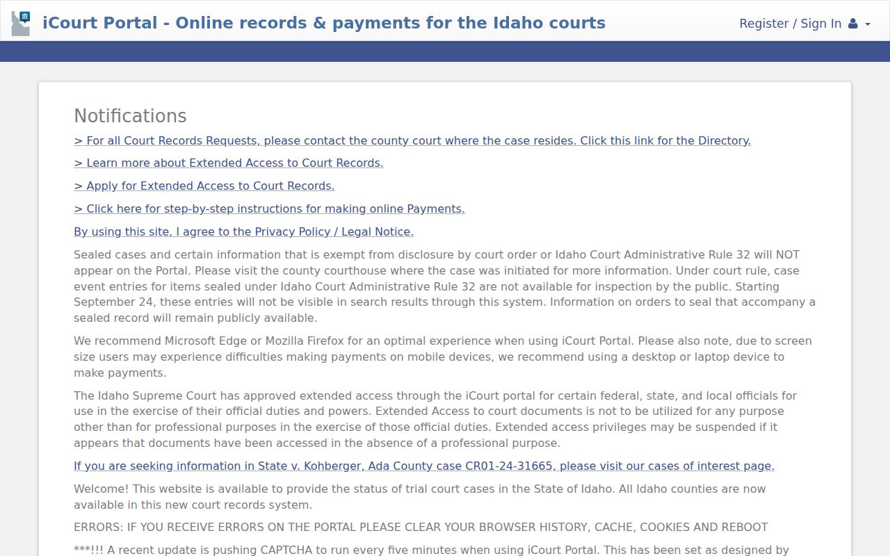 Idaho iCourt Smart Search public portal