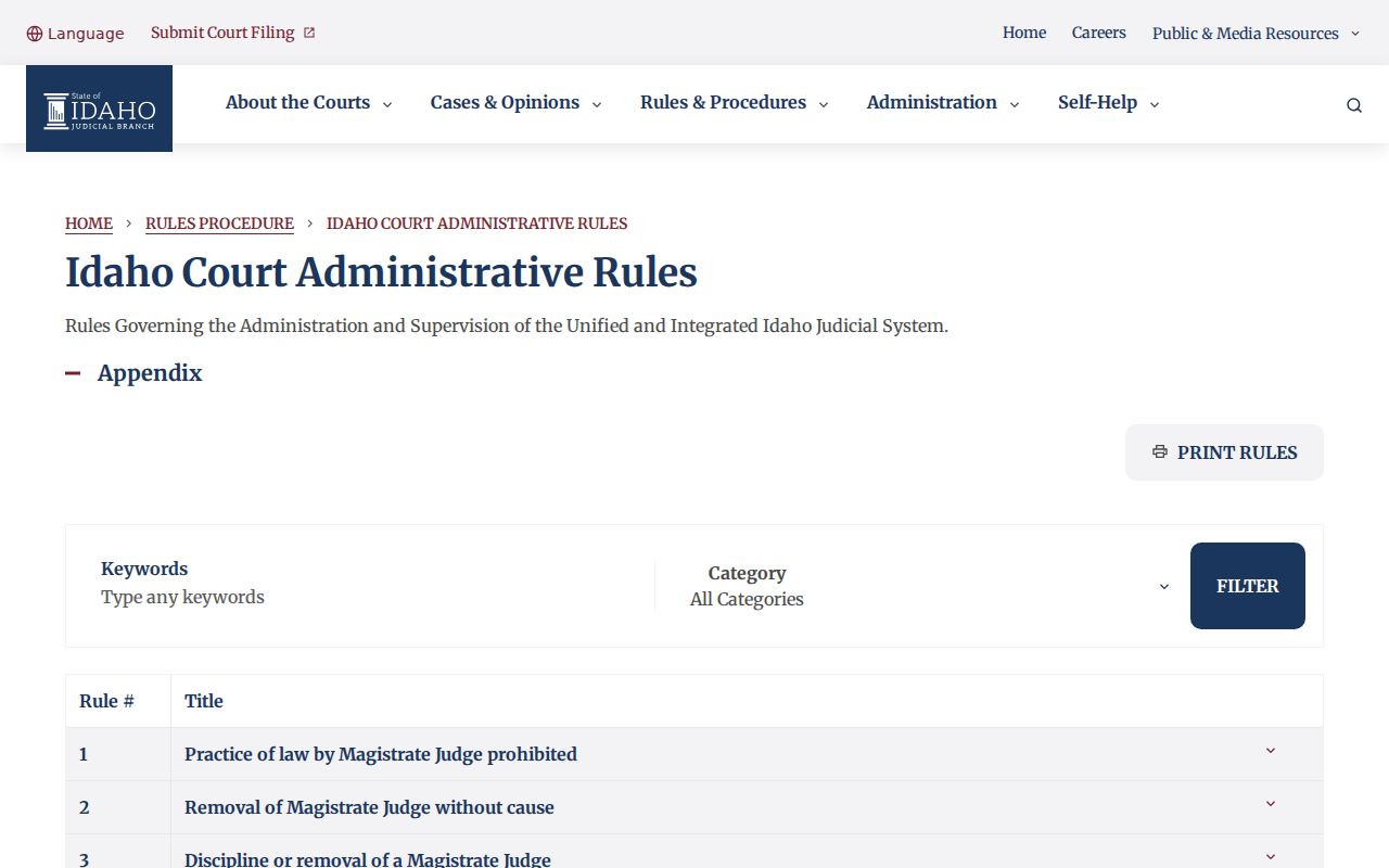 Idaho Court Administrative Rules page governing court record access