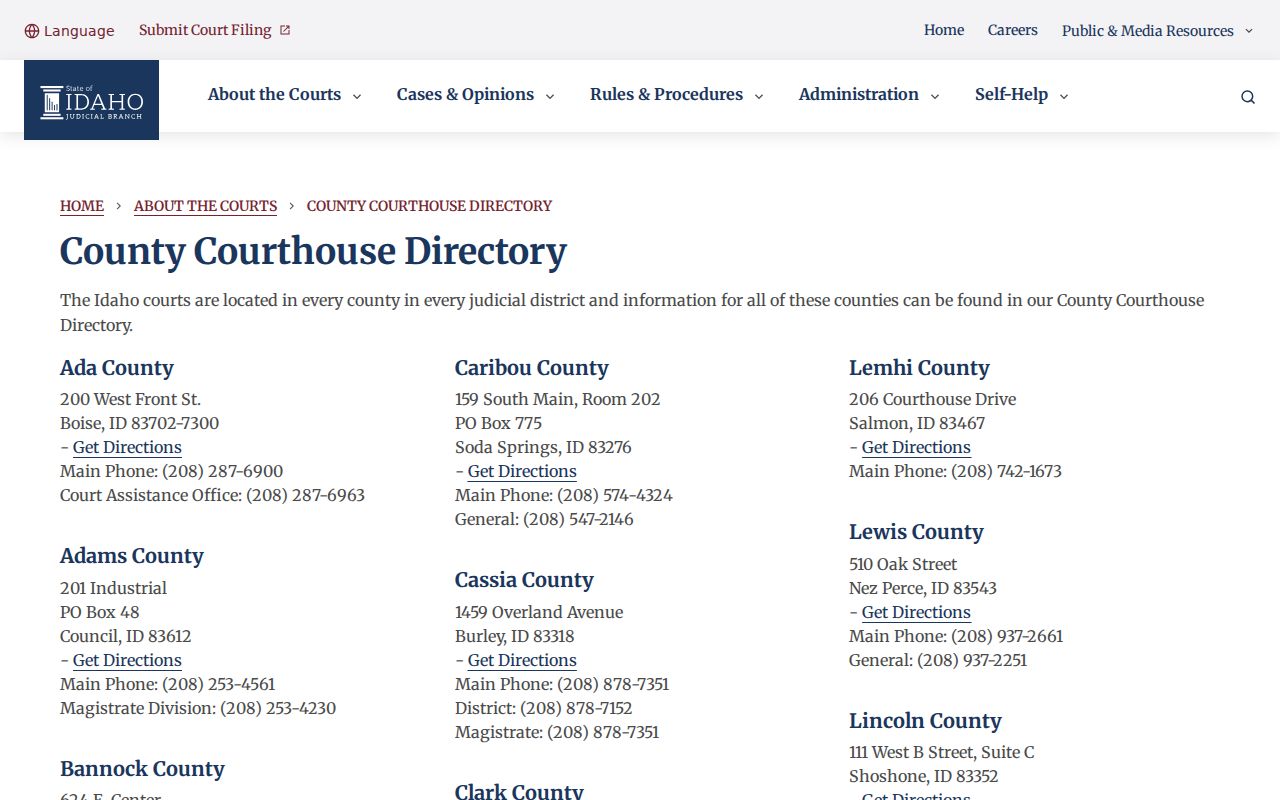 Idaho Courts directory for the Benewah County Courthouse in St. Maries