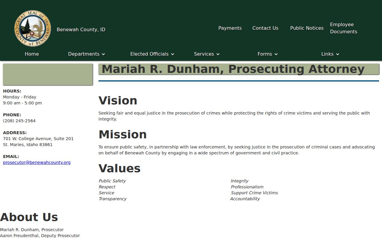 Benewah County prosecutor and justice contact page serving Tensed
