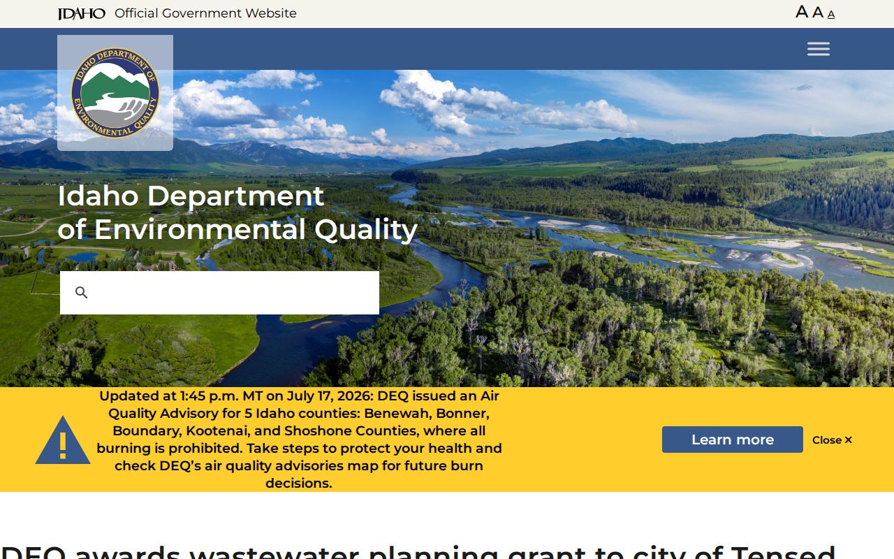 Idaho DEQ announcement about the City of Tensed planning grant